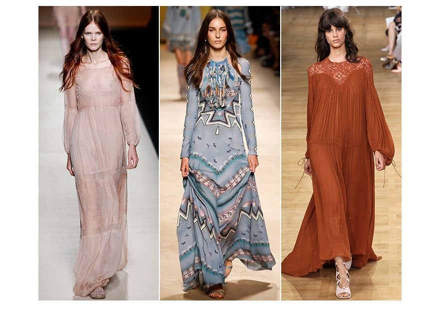 De grandes robes qui couvrent le corps mais qui semblent vouloir danser avec le moindre souffle de vent: l’été prochain, on attend zéphirs, alizés et siroccos brûlants dans ces tenues tout droit sorties du Marrakech des années 70’s. Une tendance bohème de luxe sur laquelle plane la légende de Talitha Getty, mise en scène en version rose poudré par Alberta Ferretti, en motifs kaléidoscopiques chez Etro et en effets de dentelle et de plissés chez Chloé. De gauche à droite: Alberta Ferretti, Etro, ChloéUne tendance vue aussi chez Emilio Pucci, Roberto Cavalli, Giambattista Valli... Gypset